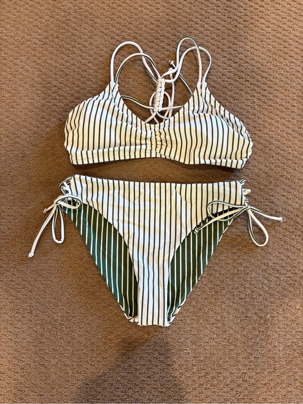 Green and White Striped Tie-Side Bikini